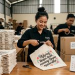 Staf QC NOM sedang menyelesaikan proses produksi tote bag kanvas custom berkualitas dengan teliti untuk memastikan pesanan selesai tepat waktu.