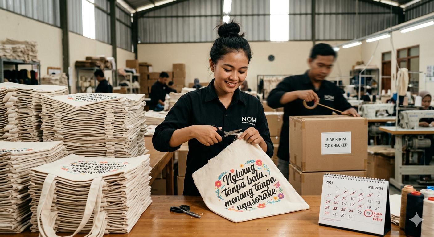 Staf QC NOM sedang menyelesaikan proses produksi tote bag kanvas custom berkualitas dengan teliti untuk memastikan pesanan selesai tepat waktu.