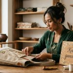 Perajin perempuan profesional sedang mengerjakan sample souvenir tote bag kanvas eksklusif di workshop NOM Yogyakarta.