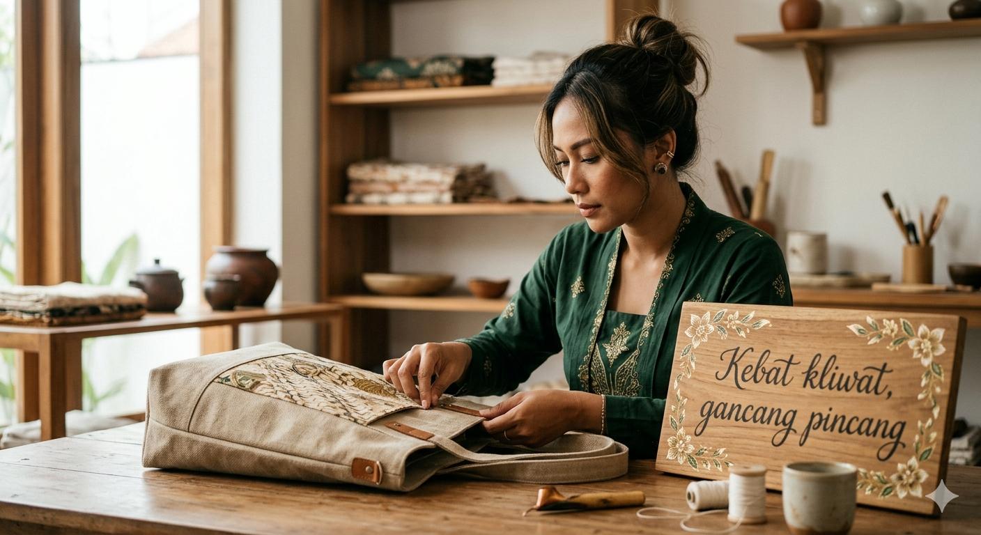 Perajin perempuan profesional sedang mengerjakan sample souvenir tote bag kanvas eksklusif di workshop NOM Yogyakarta.