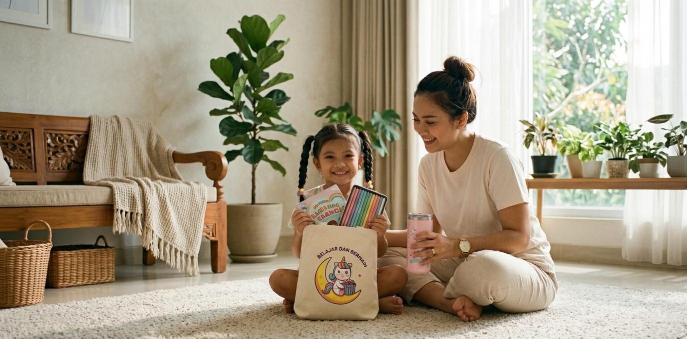 Souvenir ulang tahun anak perempuan ramah lingkungan berupa tote bag kain blacu custom gambar Unicorn tema Birthday Girl dari brand NOM