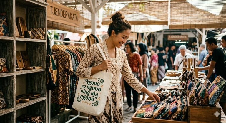 Foto dokumenter estetik seorang wanita Indonesia berusia akhir 30-an dengan sanggul rambut kasual dan kebaya kutu baru brokat krem sedang tersenyum di pasar kerajinan tangan Yogyakarta. Ia menyandang tote bag kanvas putih merek Tjenderakata yang menampilkan tipografi hand-lettering hijau bertuliskan "Ngono yo ngono ning aja ngono". Di depannya, ia sedang melihat-lihat produk pouch kecil dari kain perca sutra yang dipajang di stan pasar kayu dengan latar belakang yang agak blur.