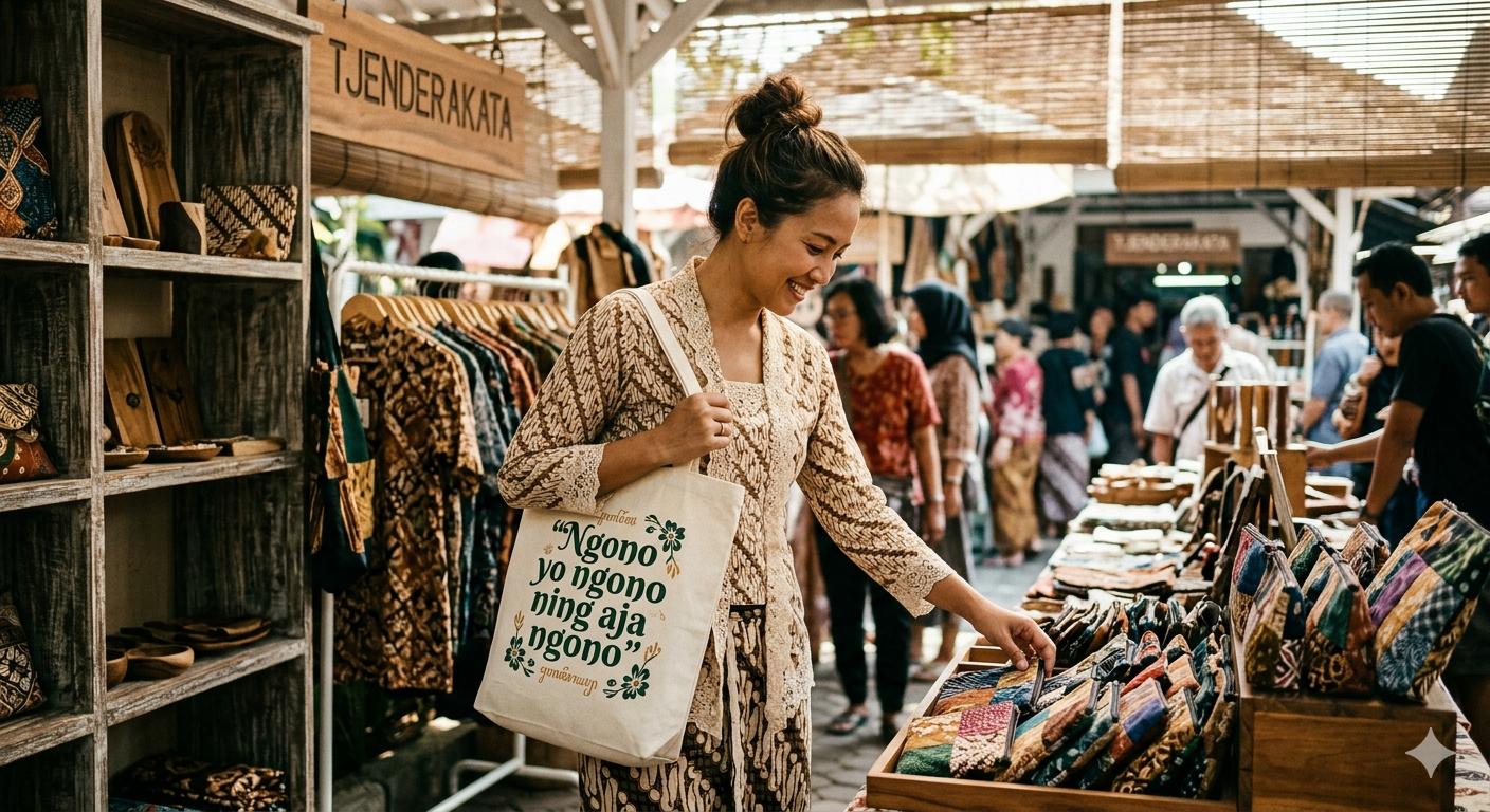 Foto dokumenter estetik seorang wanita Indonesia berusia akhir 30-an dengan sanggul rambut kasual dan kebaya kutu baru brokat krem sedang tersenyum di pasar kerajinan tangan Yogyakarta. Ia menyandang tote bag kanvas putih merek Tjenderakata yang menampilkan tipografi hand-lettering hijau bertuliskan "Ngono yo ngono ning aja ngono". Di depannya, ia sedang melihat-lihat produk pouch kecil dari kain perca sutra yang dipajang di stan pasar kayu dengan latar belakang yang agak blur.