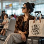 Wisatawan mengenakan outerwear batik membawa tote bag kanvas Tjenderakata di ruang tunggu bandara sebagai oleh-oleh unik Jogja