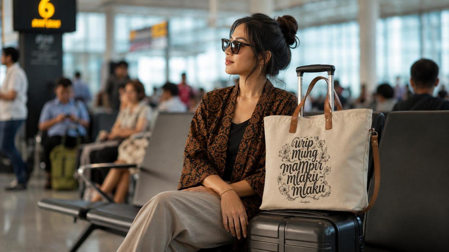 Wisatawan mengenakan outerwear batik membawa tote bag kanvas Tjenderakata di ruang tunggu bandara sebagai oleh-oleh unik Jogja