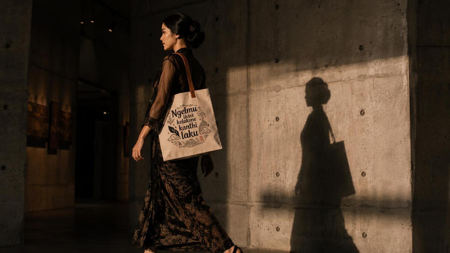 Wanita berbusana kebaya tile gelap membawa souvenir tote bag kanvas paribasan bertuliskan Ngelmu iku kelakone kanthi laku dengan latar dinding semen modern